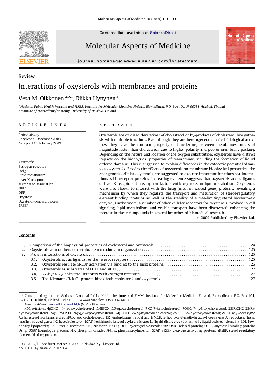 Interactions of oxysterols with membranes and proteins