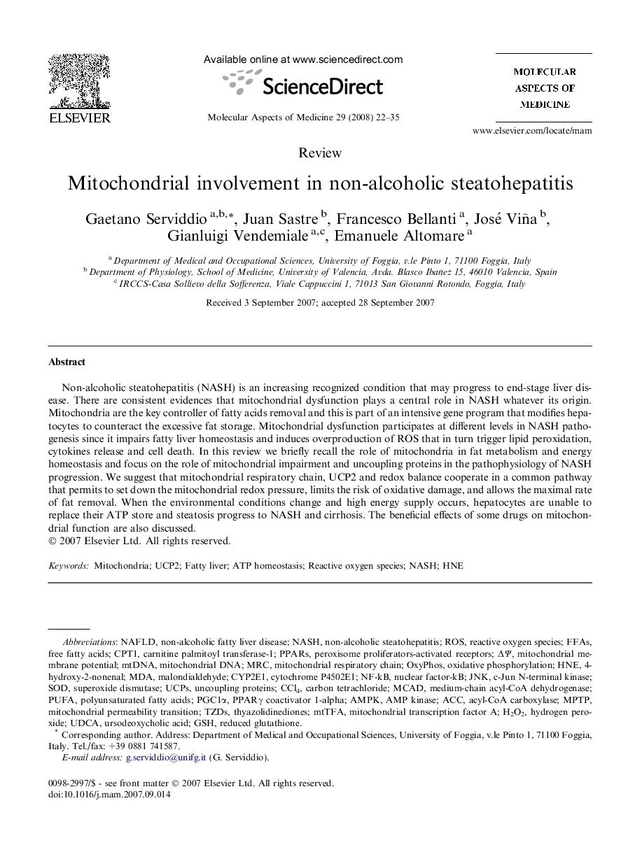 Mitochondrial involvement in non-alcoholic steatohepatitis