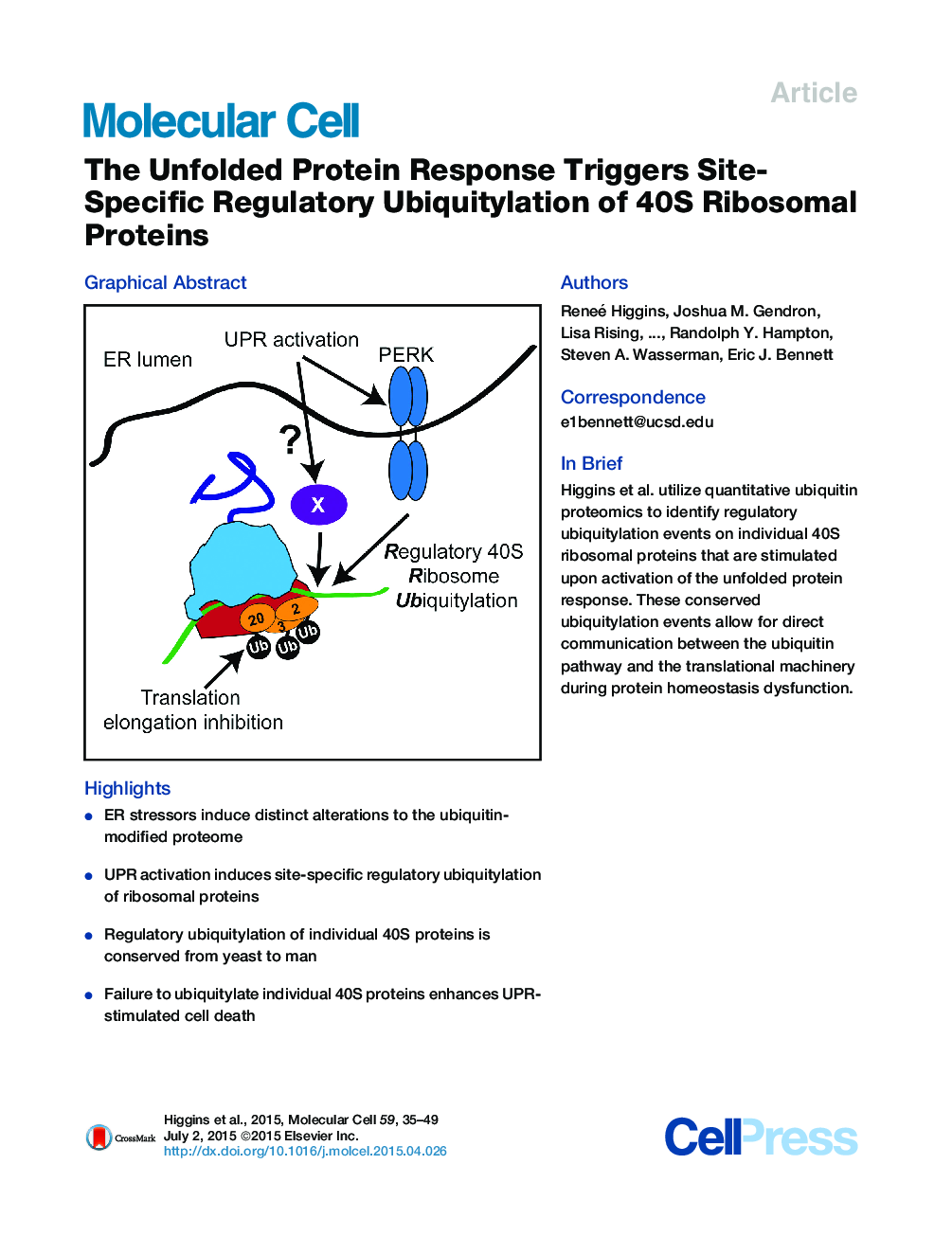 The Unfolded Protein Response Triggers Site-Specific Regulatory Ubiquitylation of 40S Ribosomal Proteins