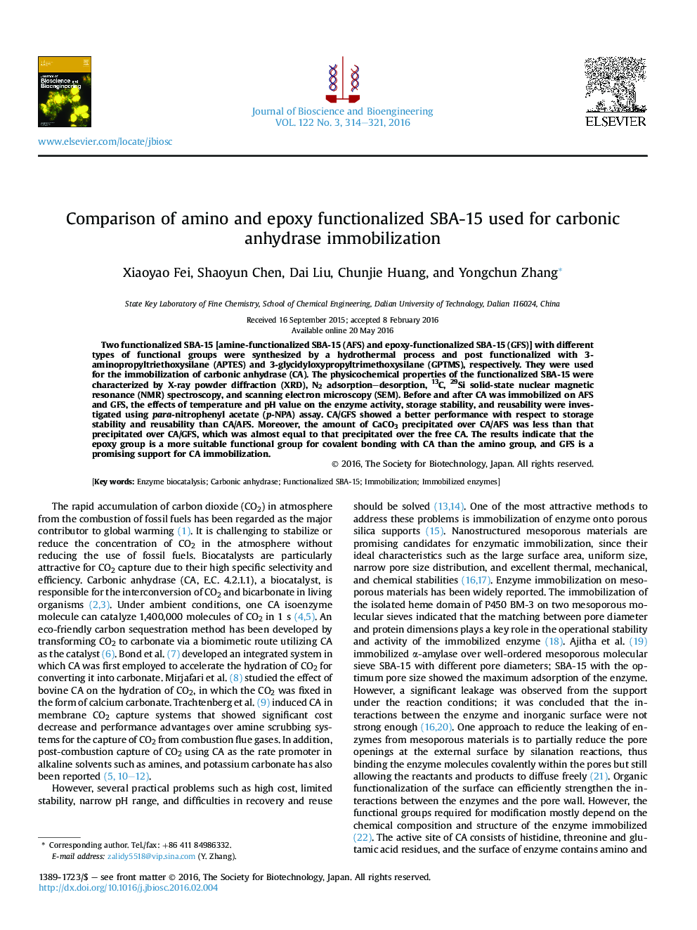 Comparison of amino and epoxy functionalized SBA-15 used for carbonic anhydrase immobilization