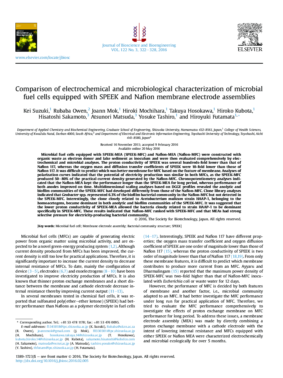 Comparison of electrochemical and microbiological characterization of microbial fuel cells equipped with SPEEK and Nafion membrane electrode assemblies