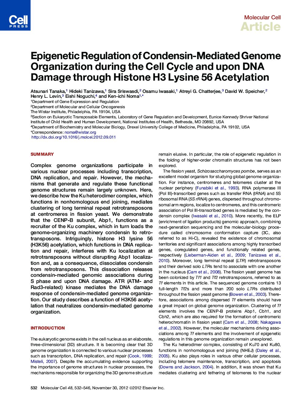 عکس صفحه اول مقاله: Epigenetic Regulation of Condensin-Mediated Genome Organization during the Cell Cycle and upon DNA Damage through Histone H3 Lysine 56 Acetylation Epigenetic Regulation of Condensin-Mediated Genome Organization during the Cell Cycle and upon DNA Damage through Histone H3 Lysine 56 Acetylation