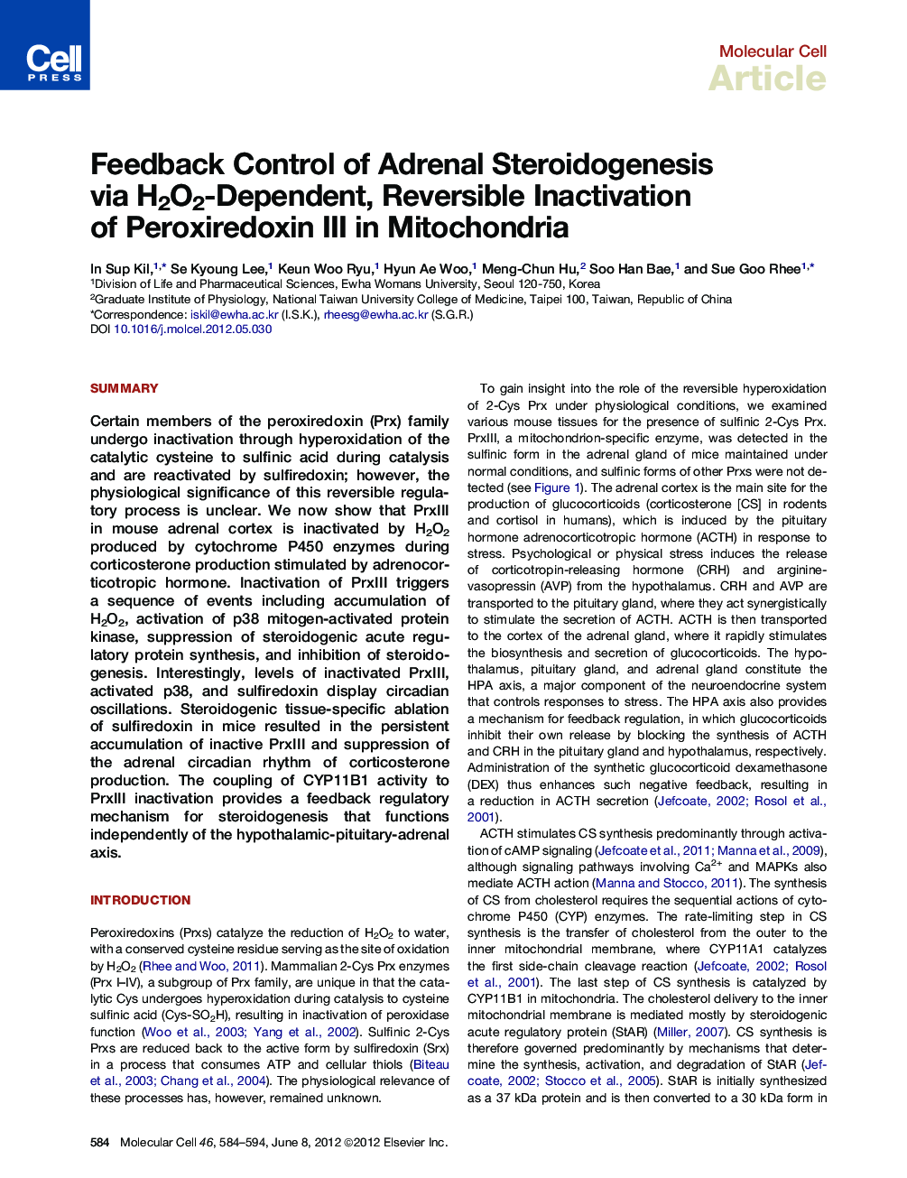 Feedback Control of Adrenal Steroidogenesis via H2O2-Dependent, Reversible Inactivation of Peroxiredoxin III in Mitochondria