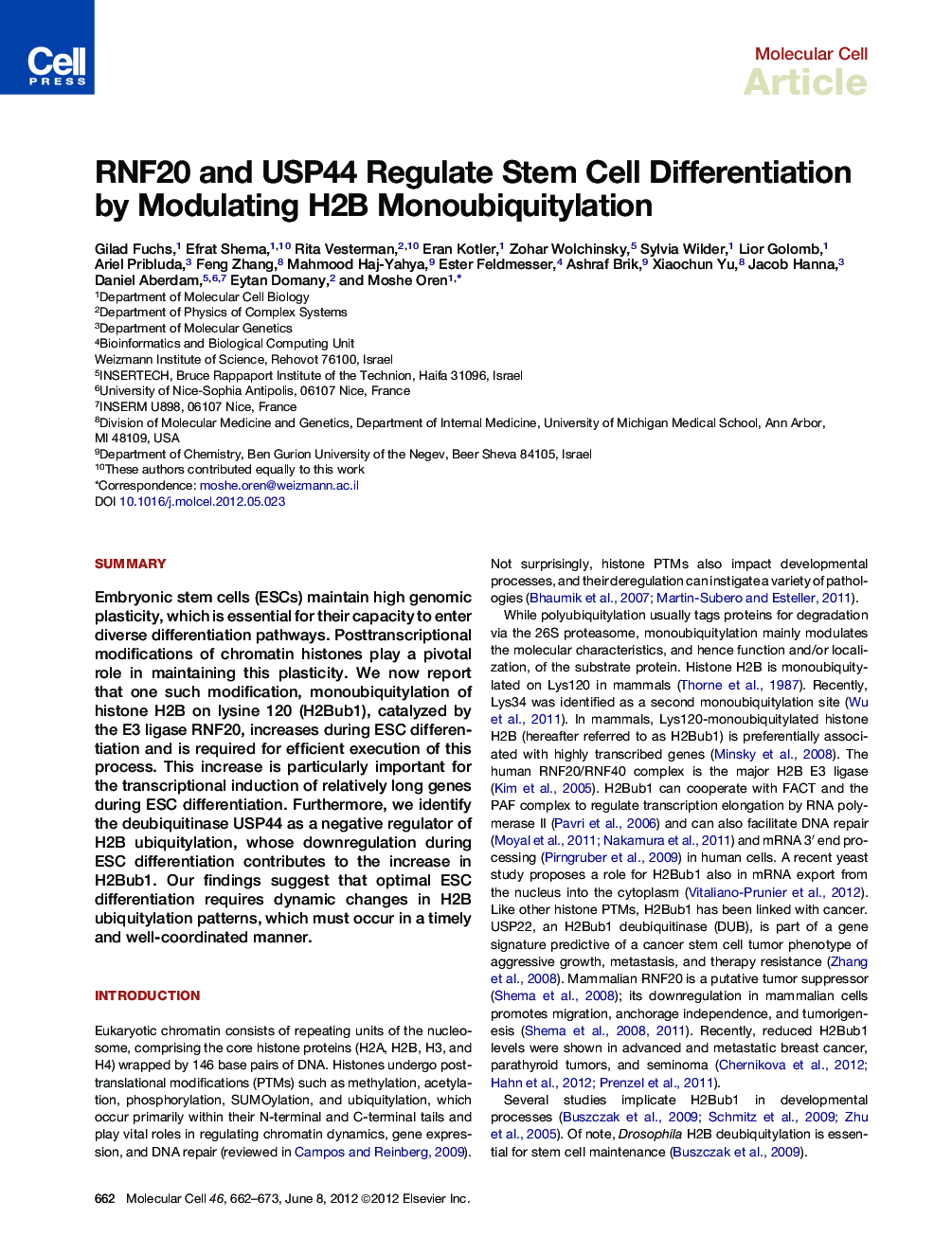RNF20 and USP44 Regulate Stem Cell Differentiation by Modulating H2B Monoubiquitylation