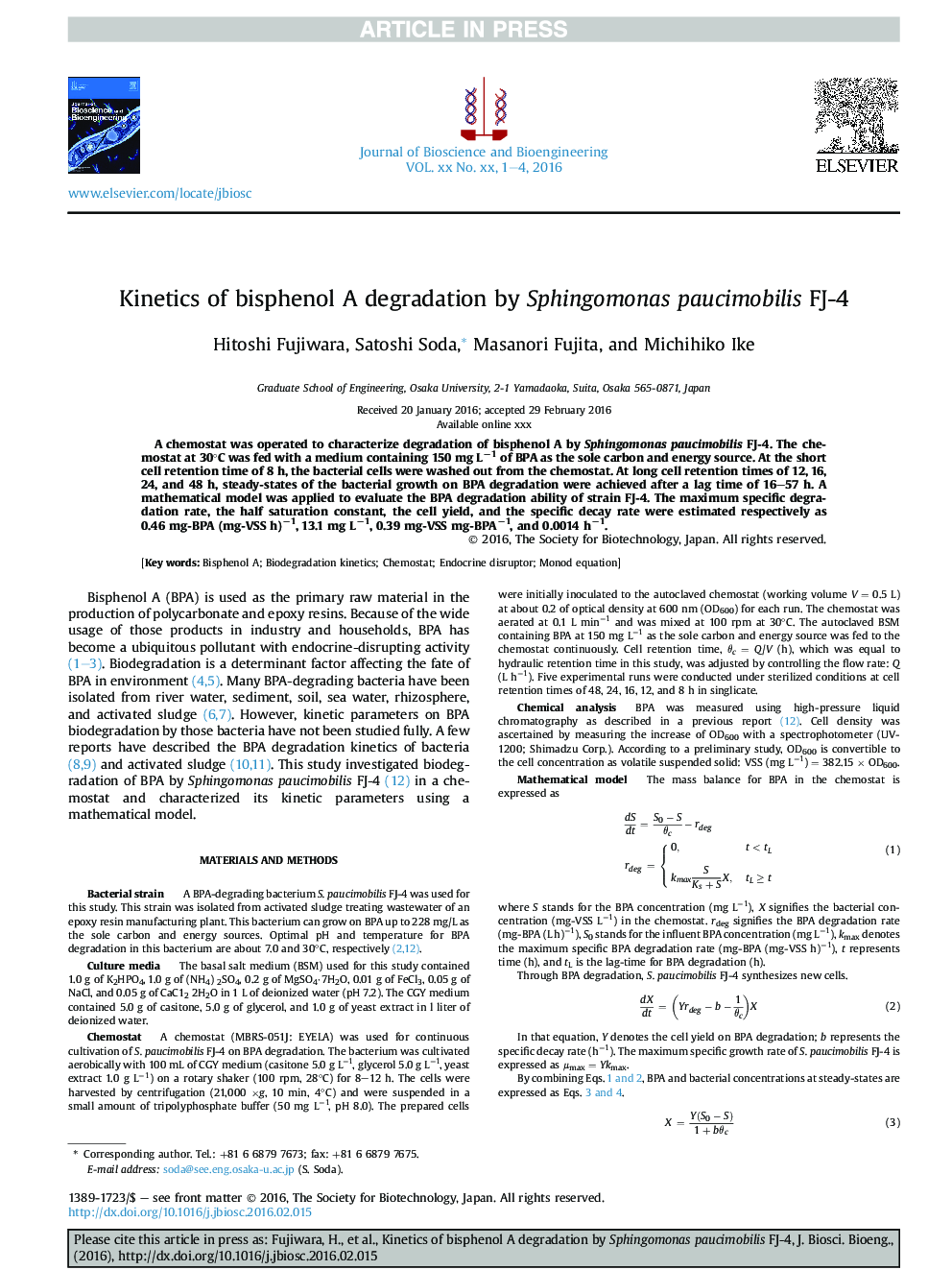 Kinetics of bisphenol A degradation by Sphingomonas paucimobilis FJ-4