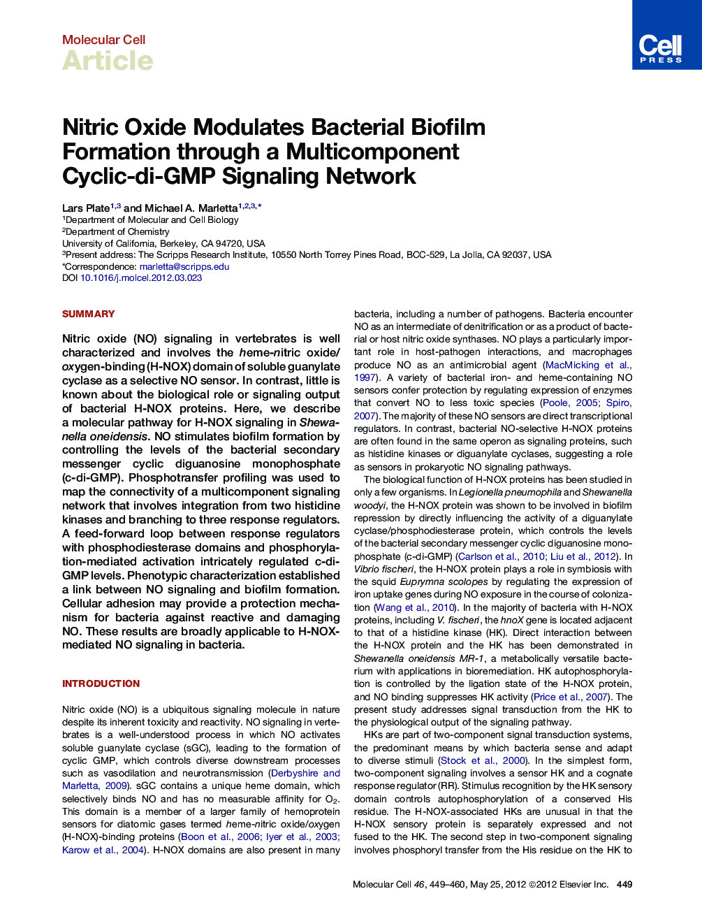 Nitric Oxide Modulates Bacterial Biofilm Formation through a Multicomponent Cyclic-di-GMP Signaling Network
