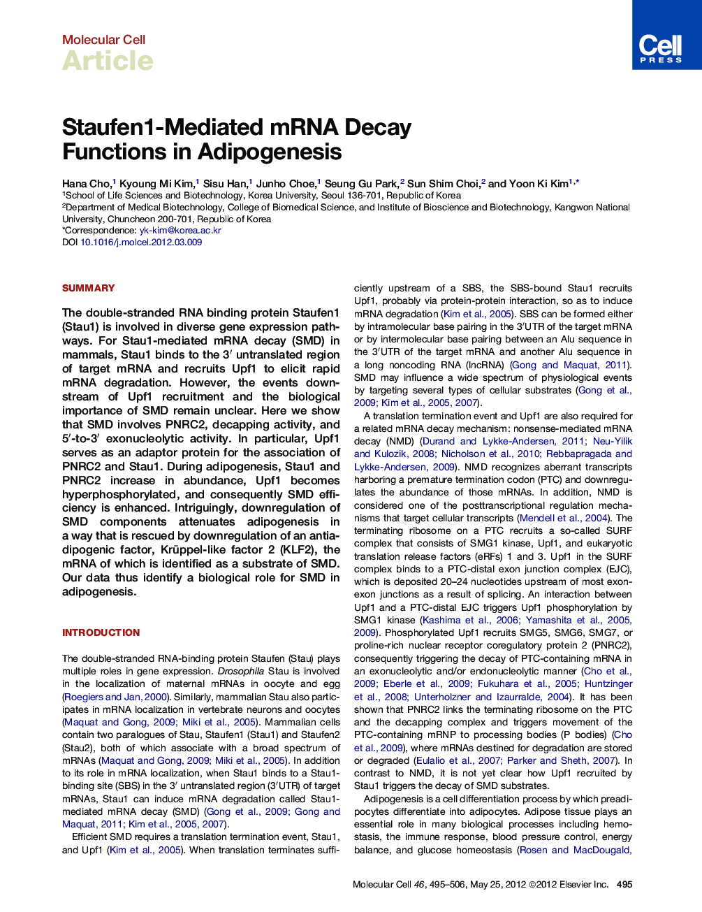 Staufen1-Mediated mRNA Decay Functions in Adipogenesis