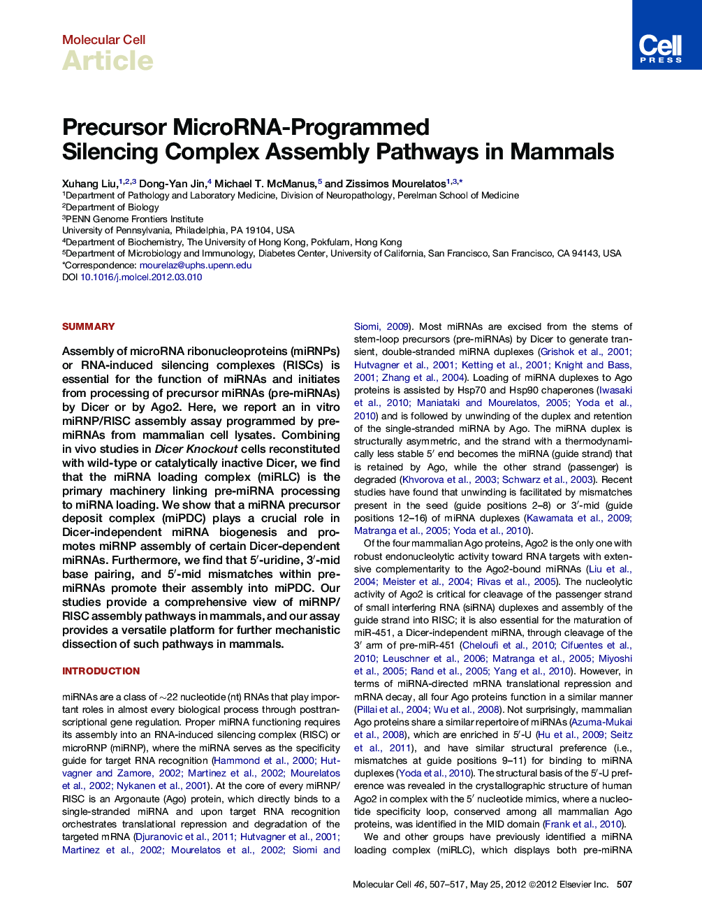 Precursor MicroRNA-Programmed Silencing Complex Assembly Pathways in Mammals