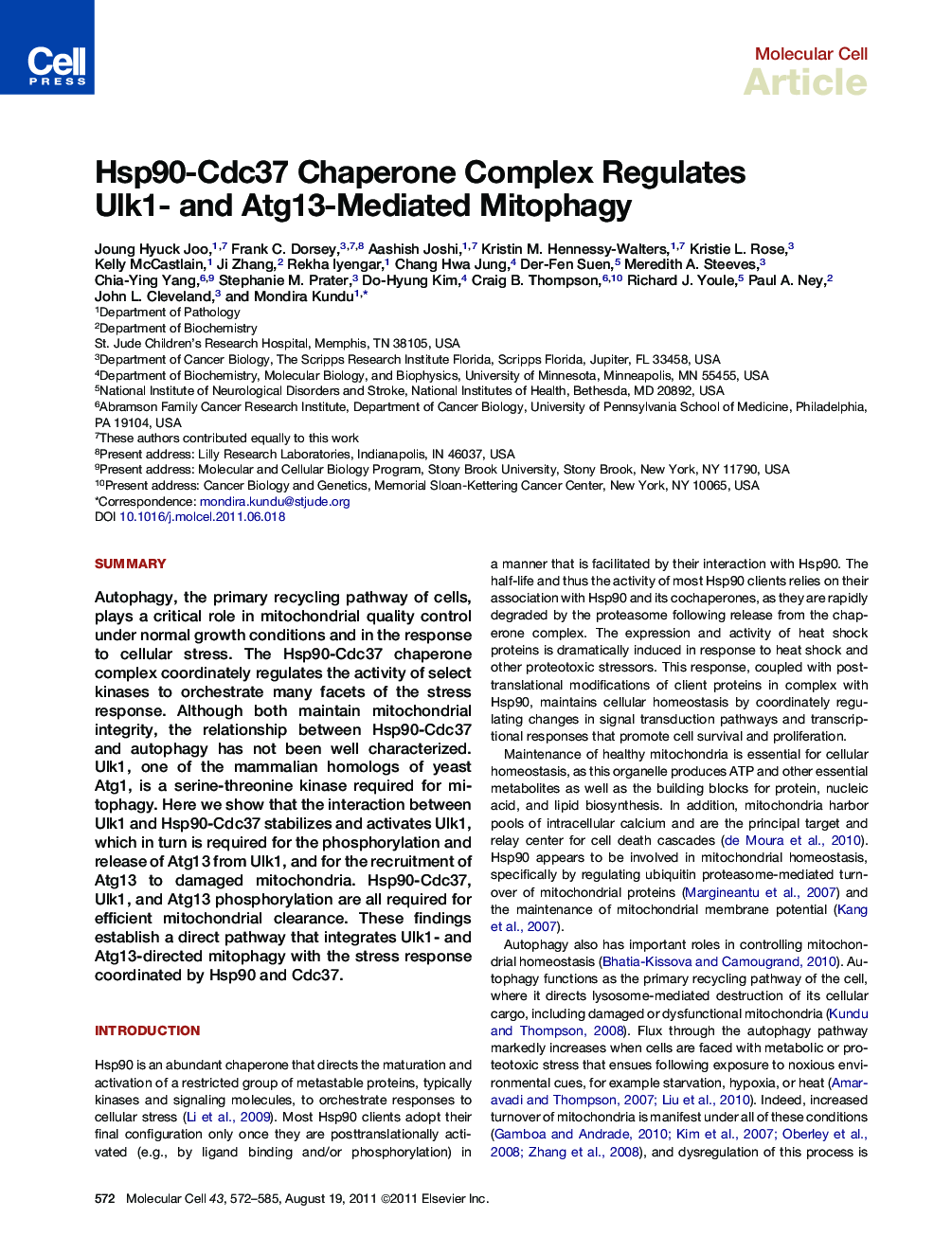 Hsp90-Cdc37 Chaperone Complex Regulates Ulk1- and Atg13-Mediated Mitophagy