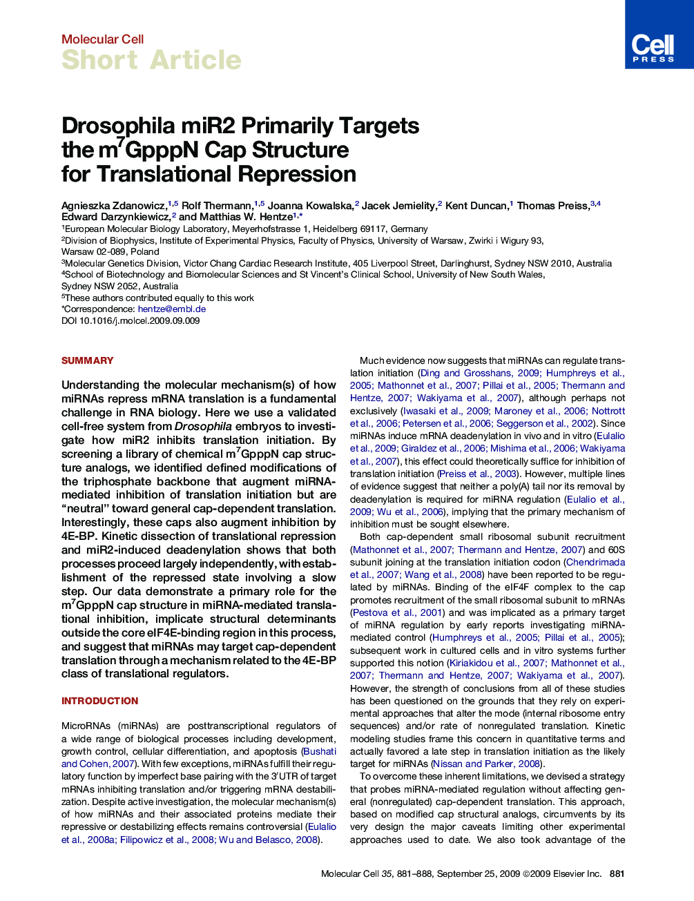 Drosophila miR2 Primarily Targets the m7GpppN Cap Structure for Translational Repression