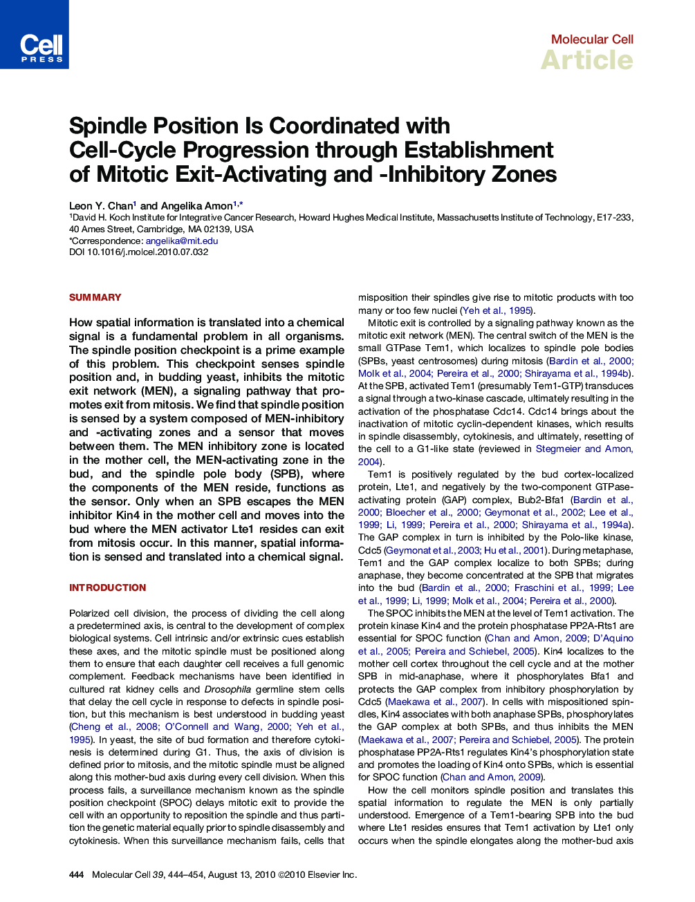 Spindle Position Is Coordinated with Cell-Cycle Progression through Establishment of Mitotic Exit-Activating and -Inhibitory Zones