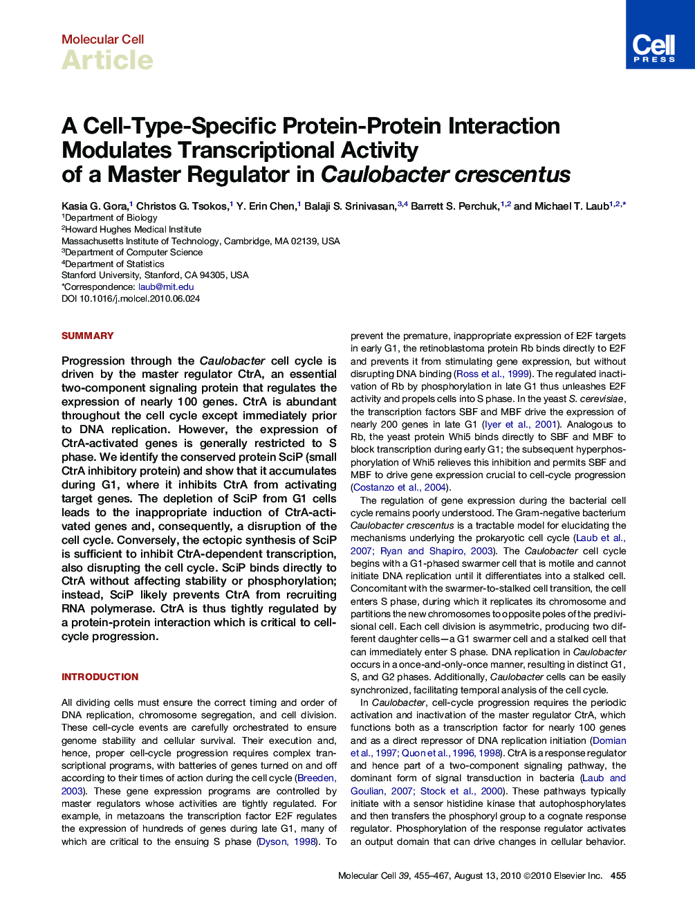 A Cell-Type-Specific Protein-Protein Interaction Modulates Transcriptional Activity of a Master Regulator in Caulobacter crescentus