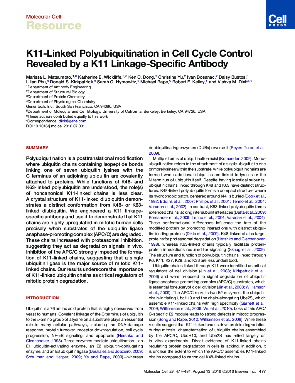 K11-Linked Polyubiquitination in Cell Cycle Control Revealed by a K11 Linkage-Specific Antibody