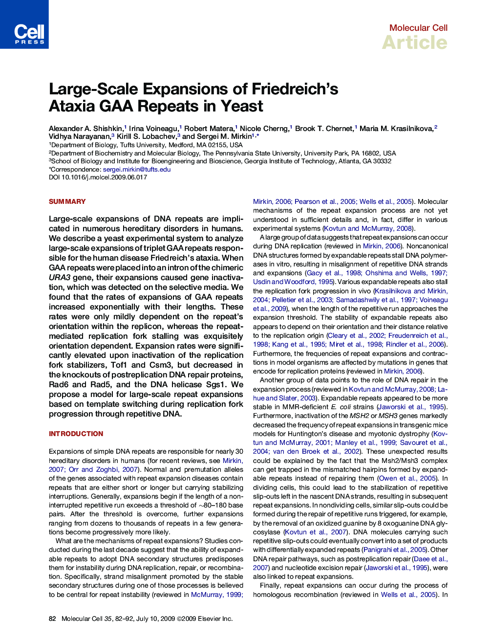عکس صفحه اول مقاله: Large-Scale Expansions of Friedreich's Ataxia GAA Repeats in Yeast Large-Scale Expansions of Friedreich's Ataxia GAA Repeats in Yeast