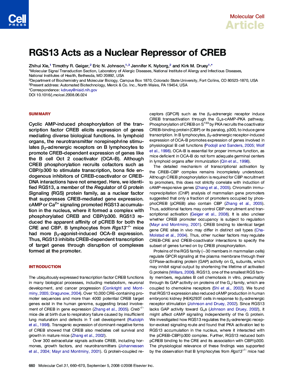 RGS13 Acts as a Nuclear Repressor of CREB