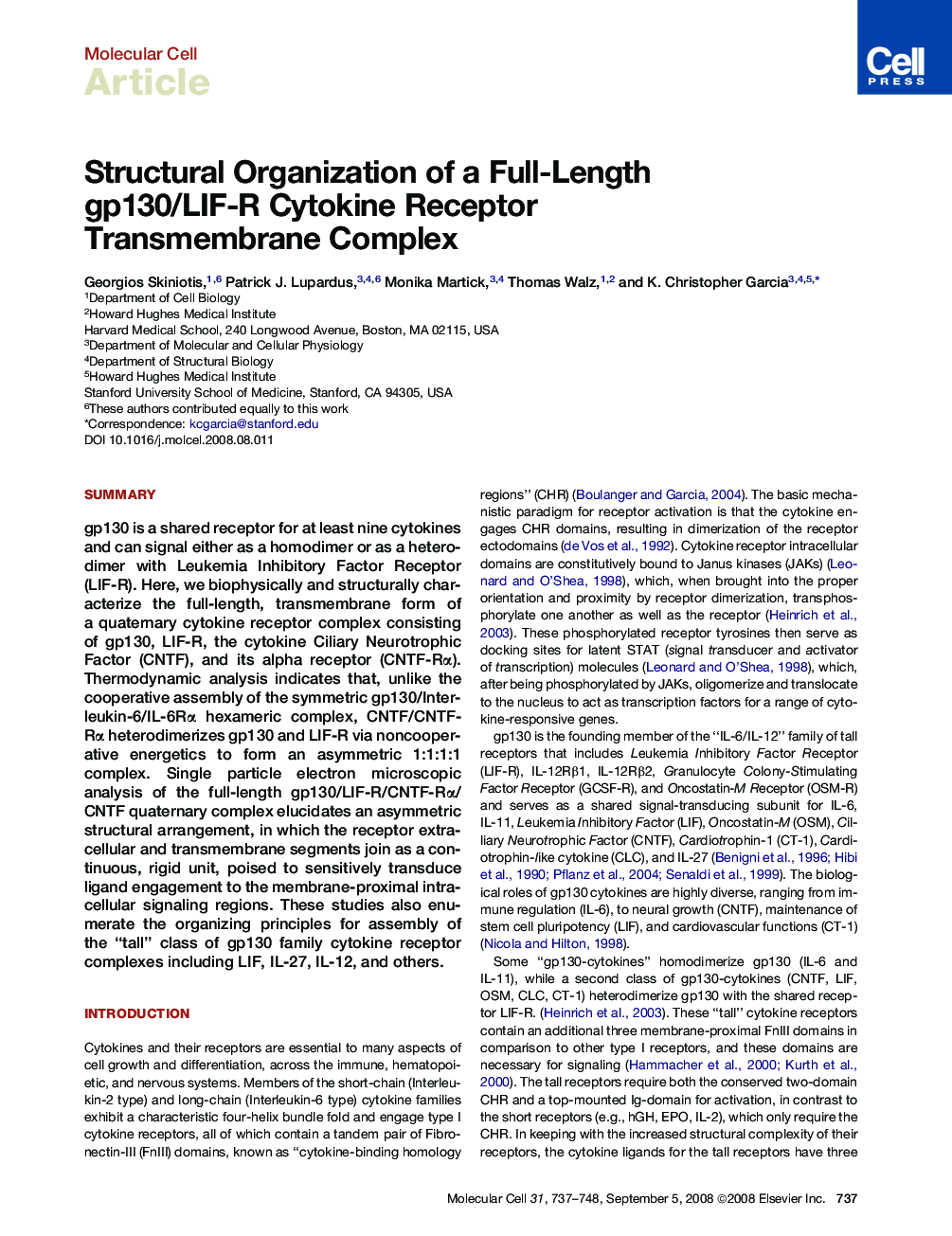 Structural Organization of a Full-Length gp130/LIF-R Cytokine Receptor Transmembrane Complex