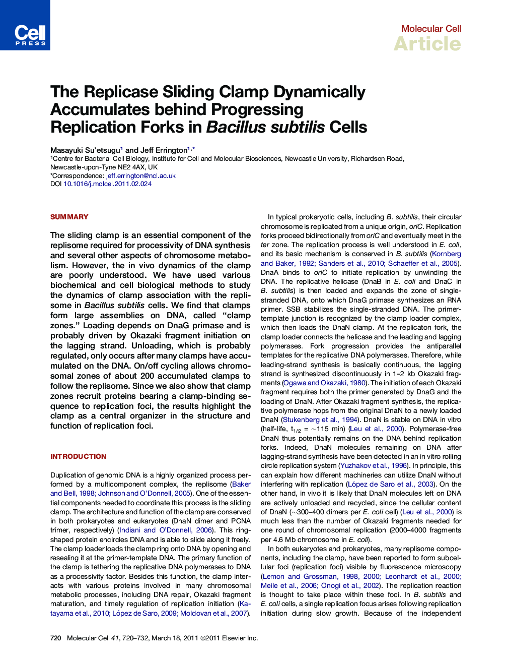 The Replicase Sliding Clamp Dynamically Accumulates behind Progressing Replication Forks in Bacillus subtilis Cells
