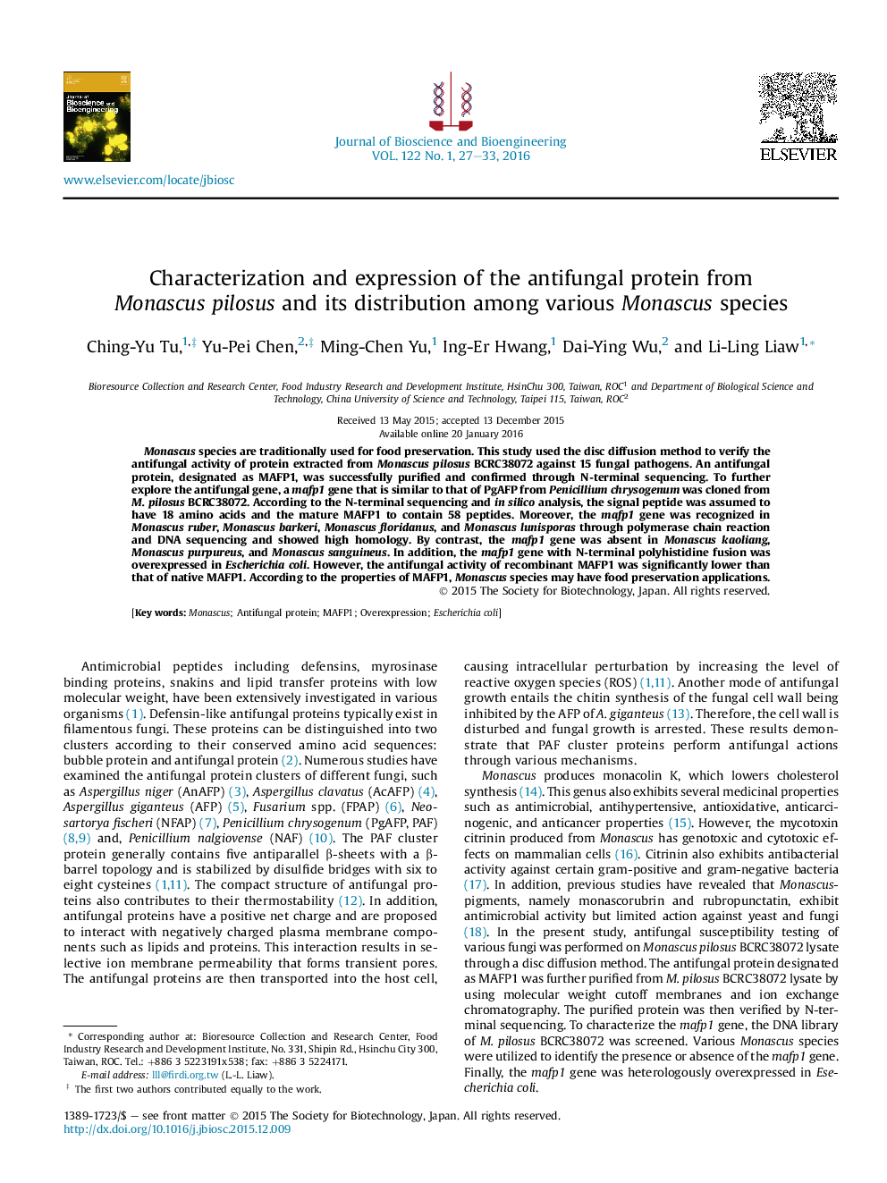 Characterization and expression of the antifungal protein from Monascus pilosus and its distribution among various Monascus species