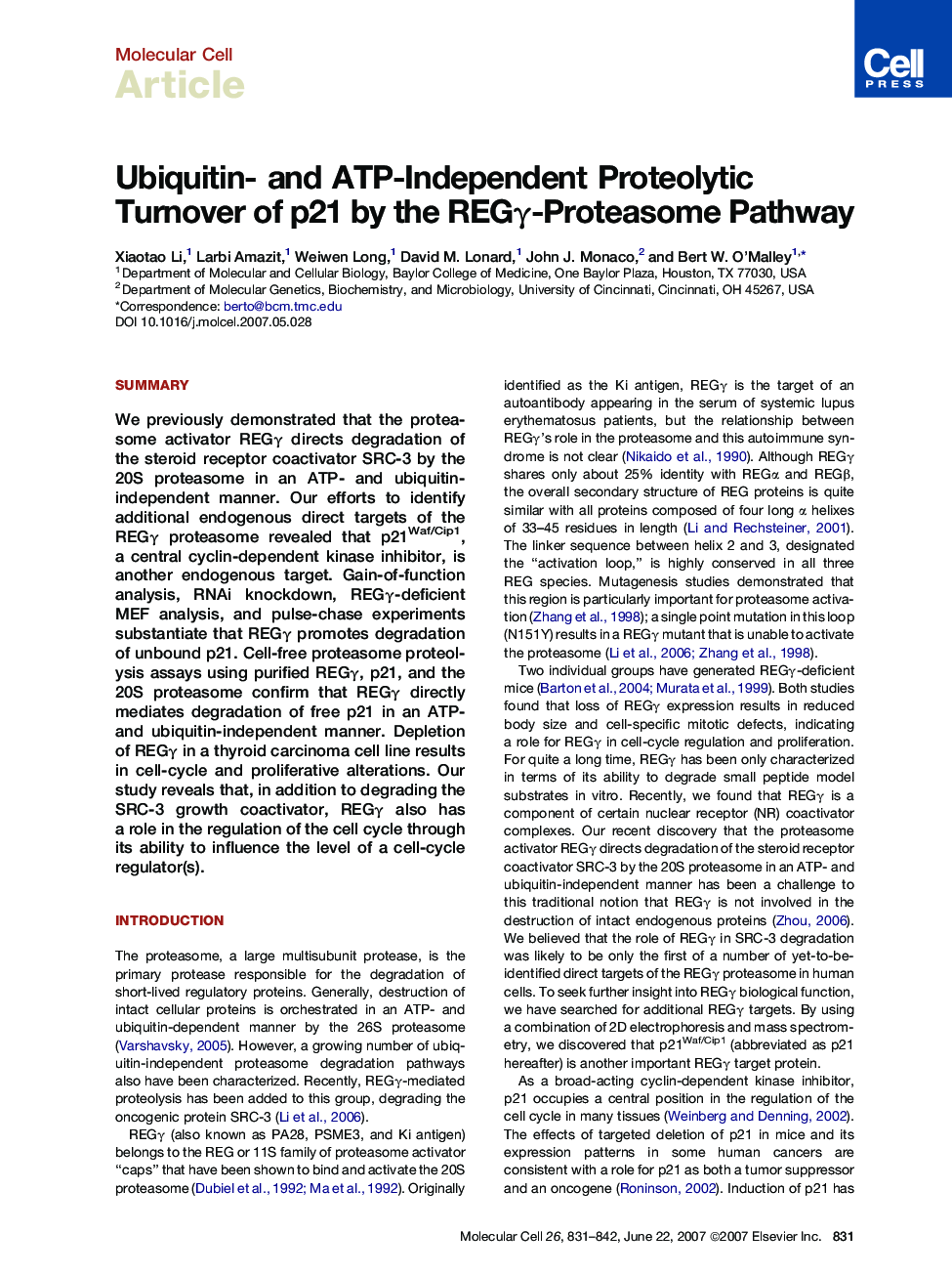 Ubiquitin- and ATP-Independent Proteolytic Turnover of p21 by the REGγ-Proteasome Pathway