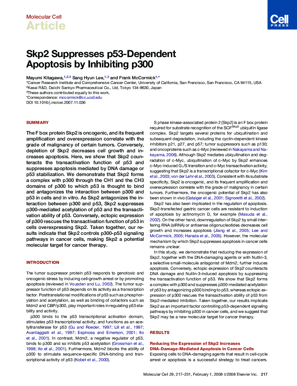 Skp2 Suppresses p53-Dependent Apoptosis by Inhibiting p300