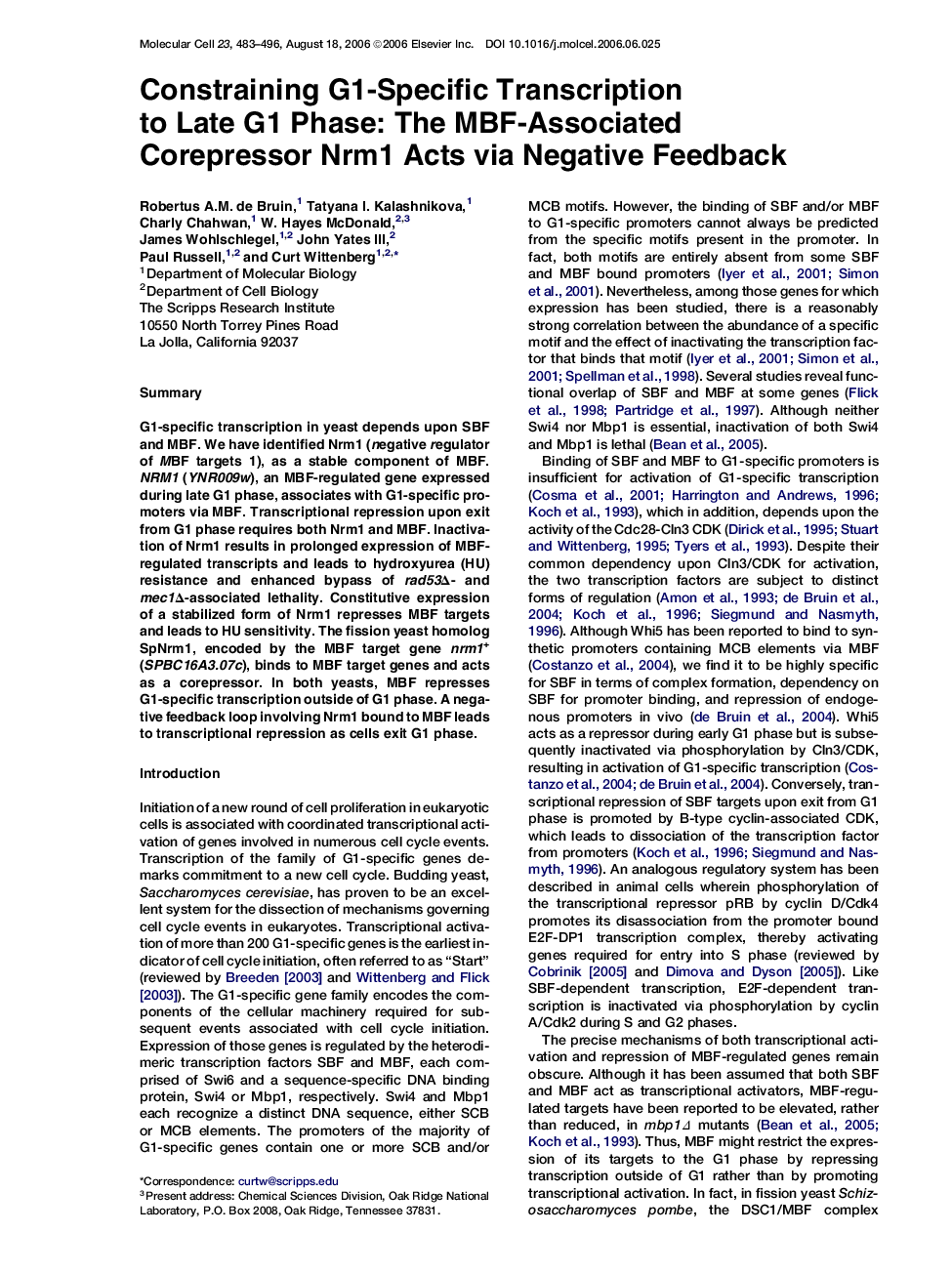 Constraining G1-Specific Transcription to Late G1 Phase: The MBF-Associated Corepressor Nrm1 Acts via Negative Feedback