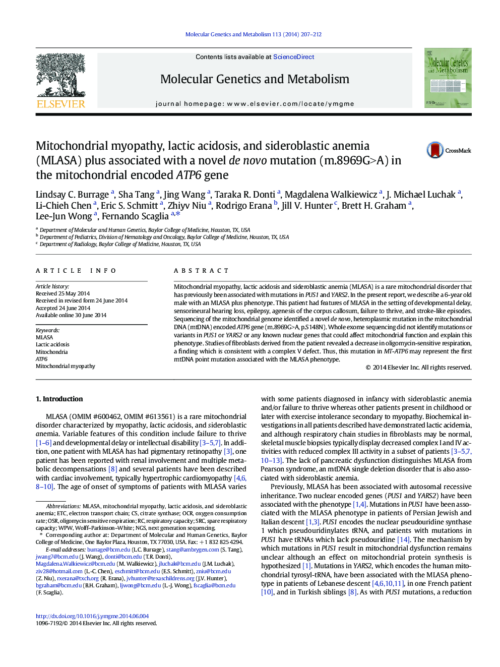 Mitochondrial myopathy, lactic acidosis, and sideroblastic anemia (MLASA) plus associated with a novel de novo mutation (m.8969G>A) in the mitochondrial encoded ATP6 gene