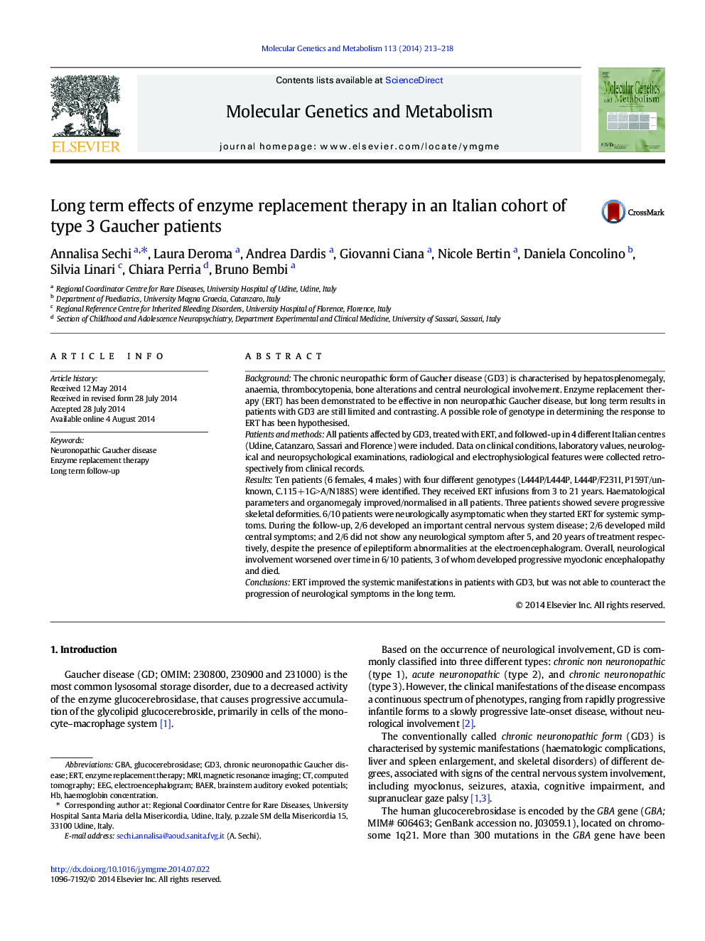 Long term effects of enzyme replacement therapy in an Italian cohort of type 3 Gaucher patients