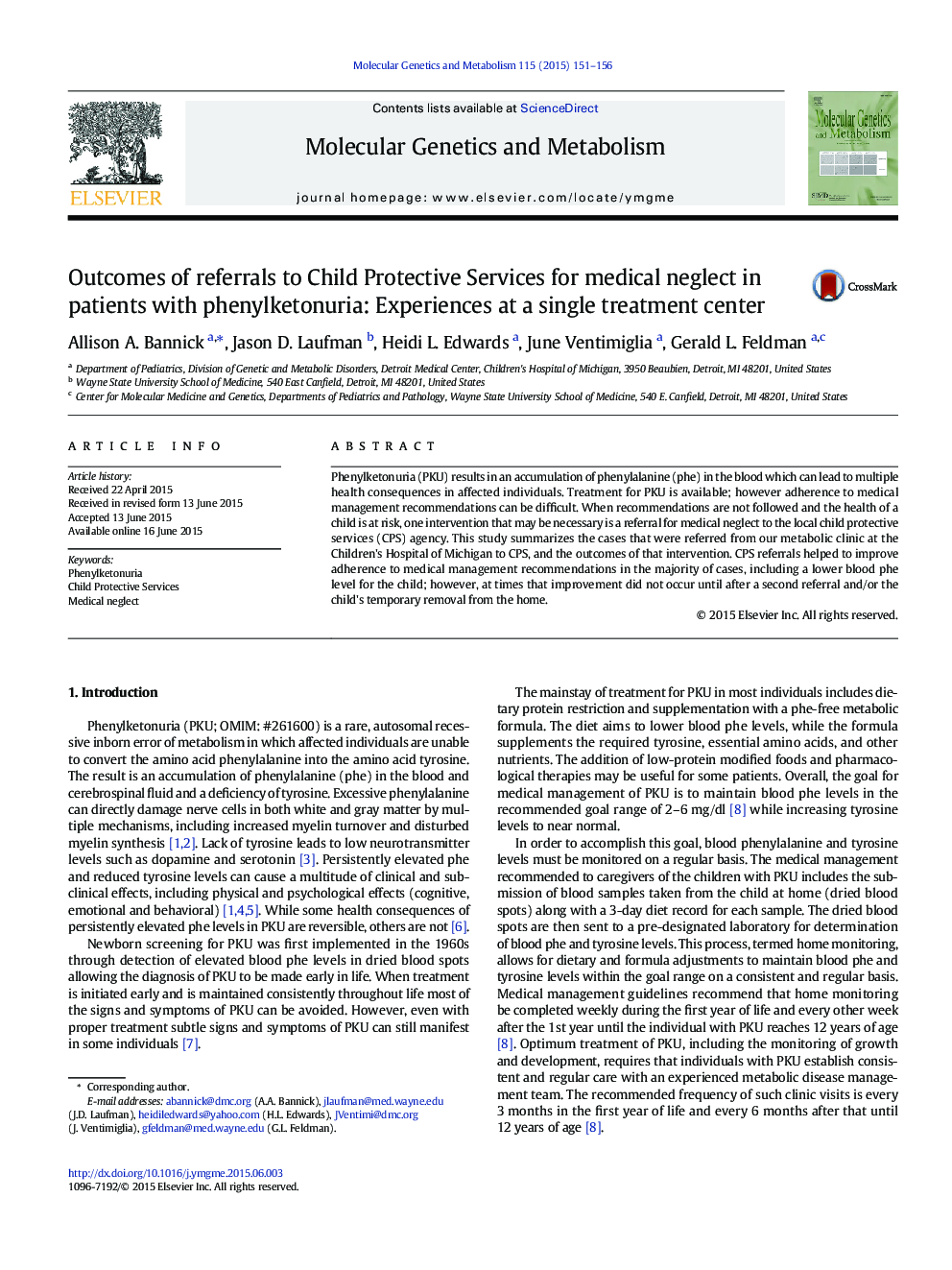 Outcomes of referrals to Child Protective Services for medical neglect in patients with phenylketonuria: Experiences at a single treatment center