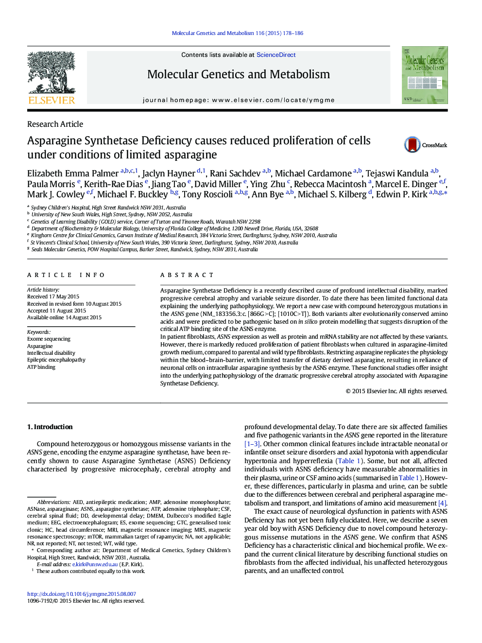 Asparagine Synthetase Deficiency causes reduced proliferation of cells under conditions of limited asparagine