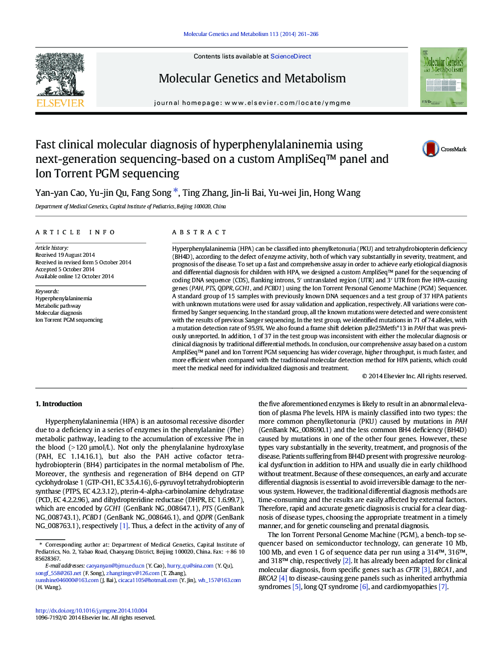 Fast clinical molecular diagnosis of hyperphenylalaninemia using next-generation sequencing-based on a custom AmpliSeq™ panel and Ion Torrent PGM sequencing