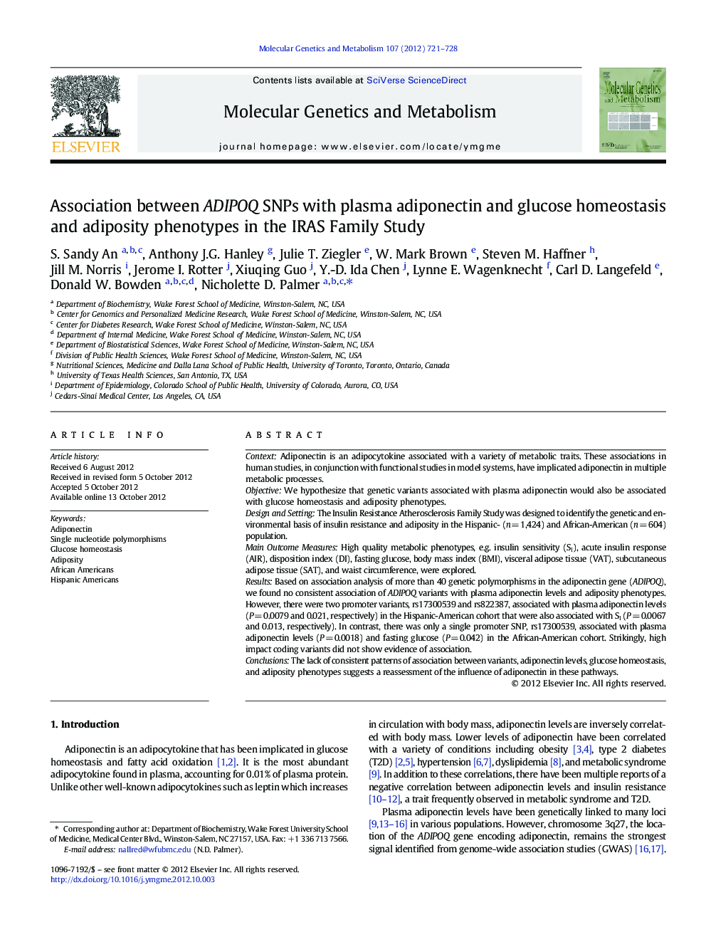 Association between ADIPOQ SNPs with plasma adiponectin and glucose homeostasis and adiposity phenotypes in the IRAS Family Study
