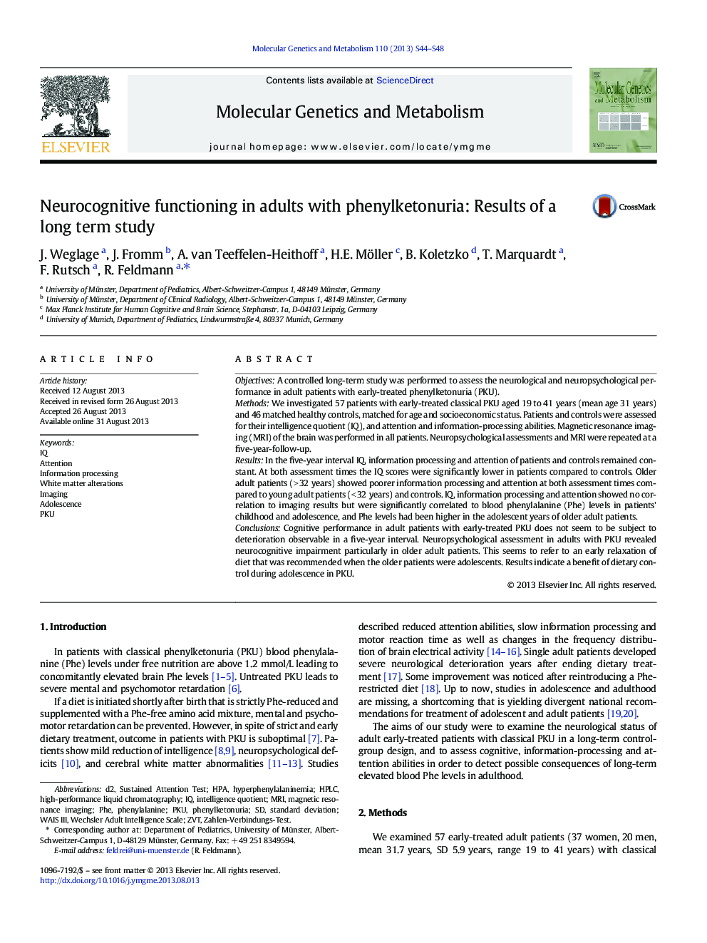 Neurocognitive functioning in adults with phenylketonuria: Results of a long term study