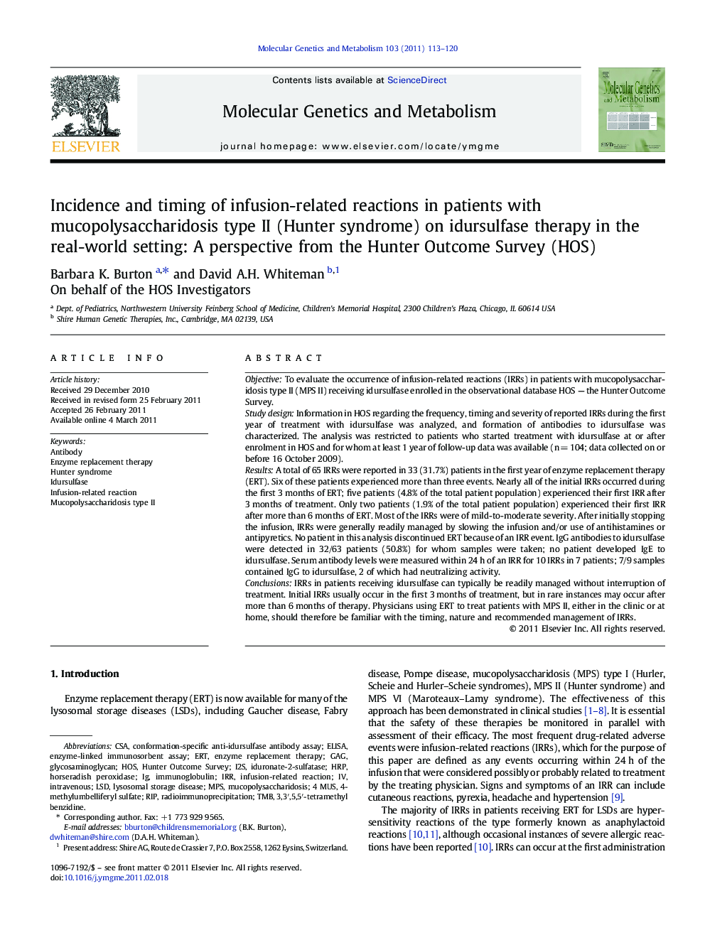 Incidence and timing of infusion-related reactions in patients with mucopolysaccharidosis type II (Hunter syndrome) on idursulfase therapy in the real-world setting: A perspective from the Hunter Outcome Survey (HOS)