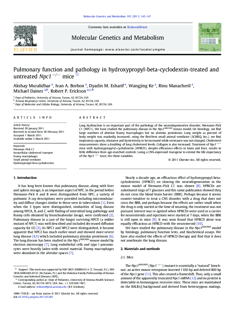 Pulmonary function and pathology in hydroxypropyl-beta-cyclodextin-treated and untreated Npc1−/− mice 