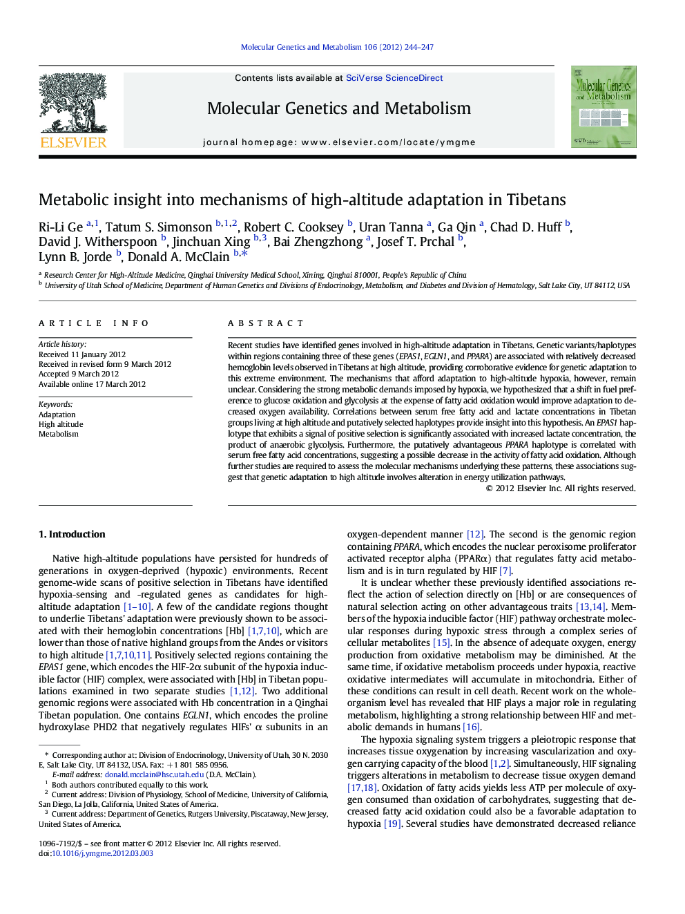 Metabolic insight into mechanisms of high-altitude adaptation in Tibetans