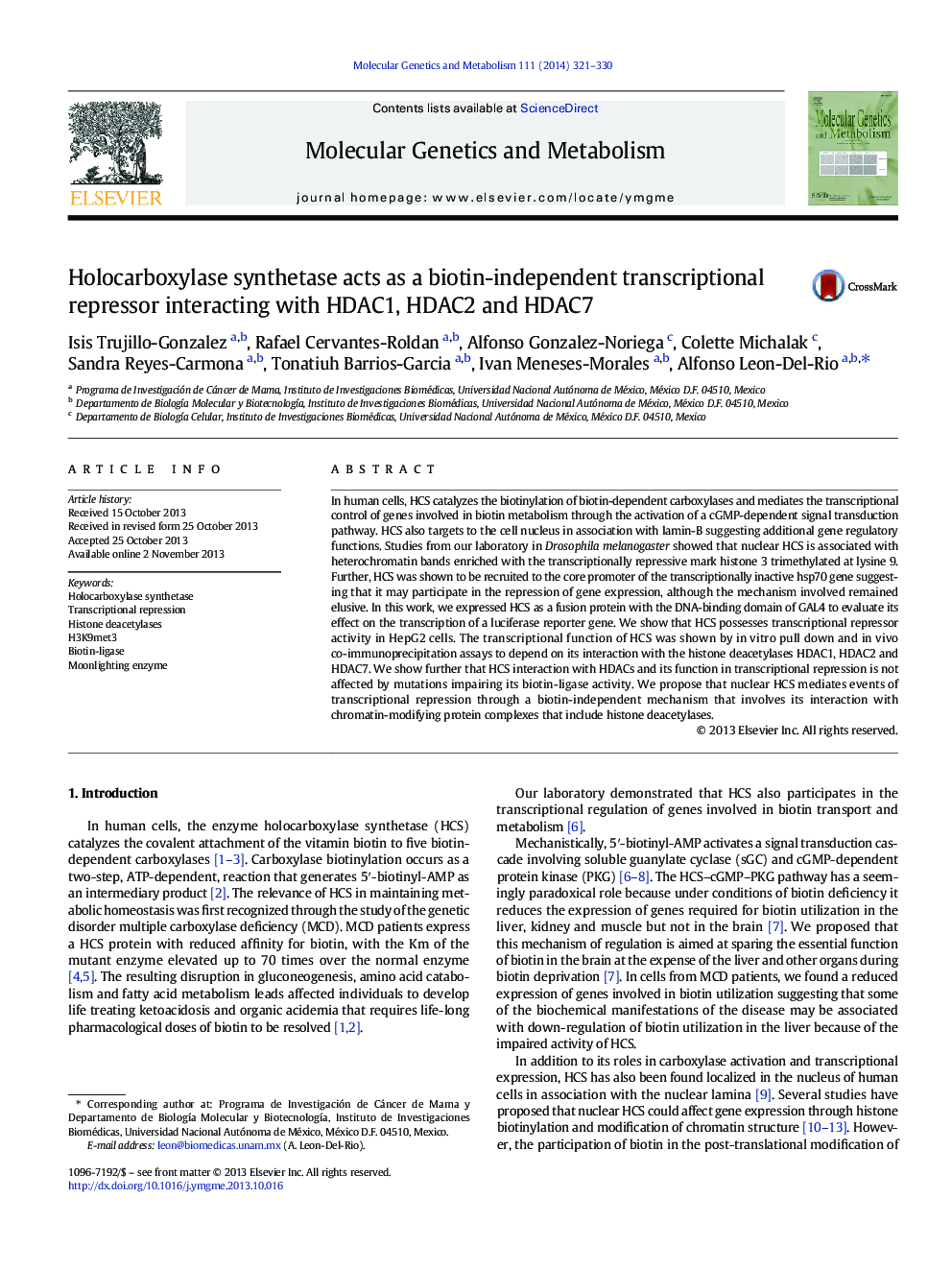 Holocarboxylase synthetase acts as a biotin-independent transcriptional repressor interacting with HDAC1, HDAC2 and HDAC7