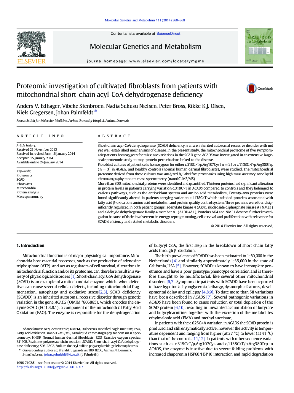 Proteomic investigation of cultivated fibroblasts from patients with mitochondrial short-chain acyl-CoA dehydrogenase deficiency