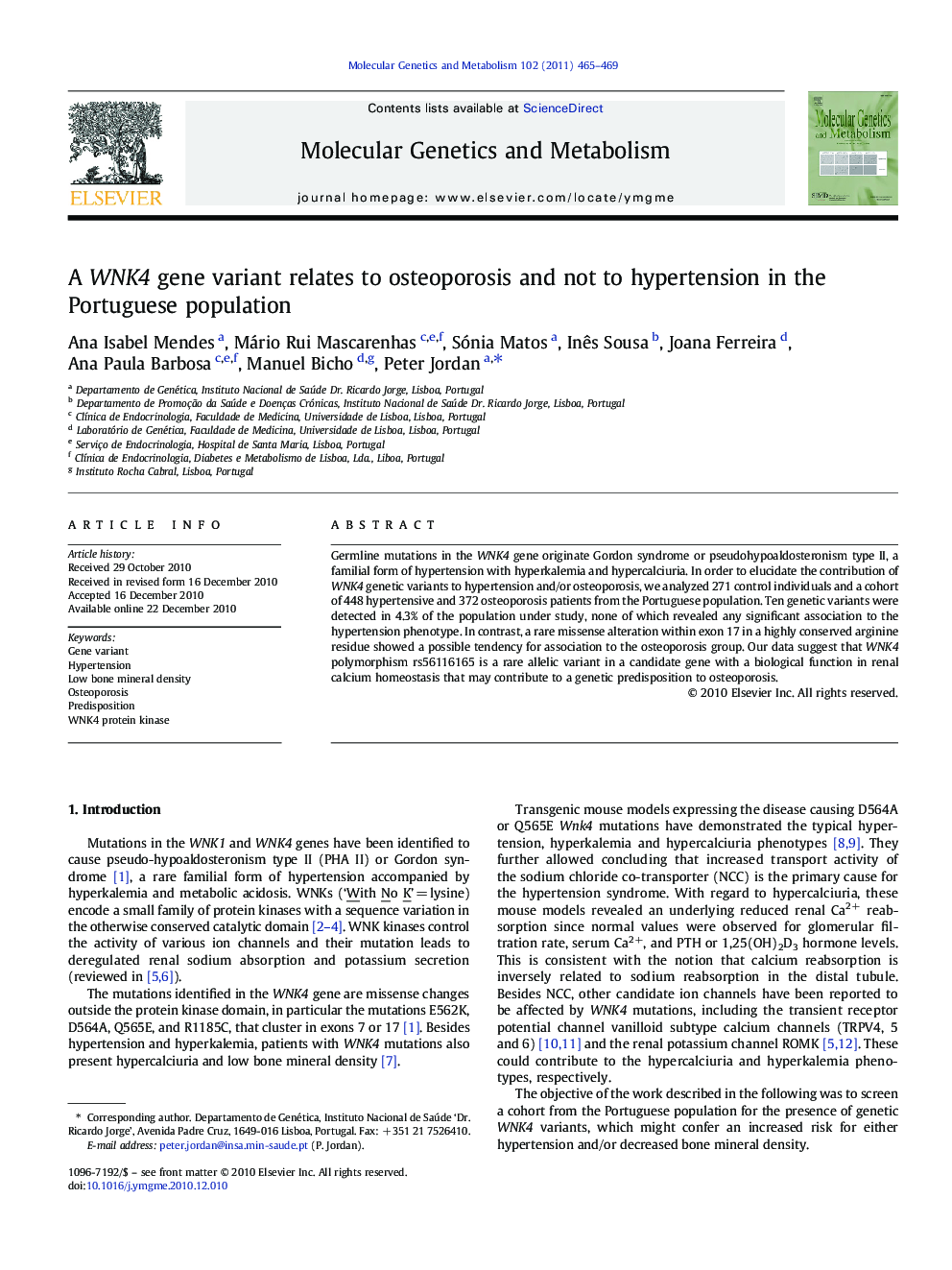 A WNK4 gene variant relates to osteoporosis and not to hypertension in the Portuguese population