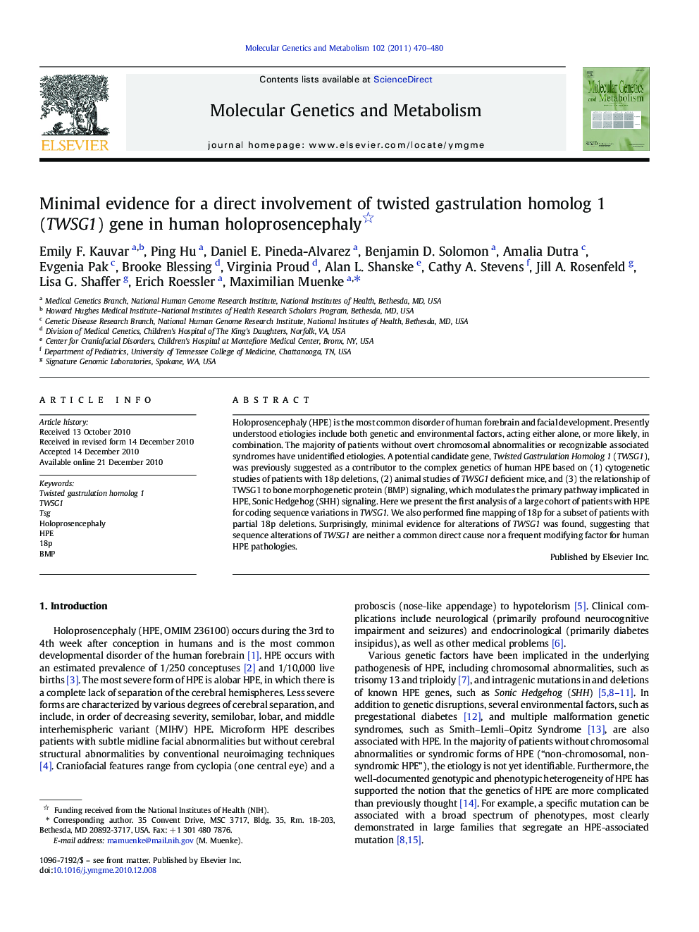 Minimal evidence for a direct involvement of twisted gastrulation homolog 1 (TWSG1) gene in human holoprosencephaly 