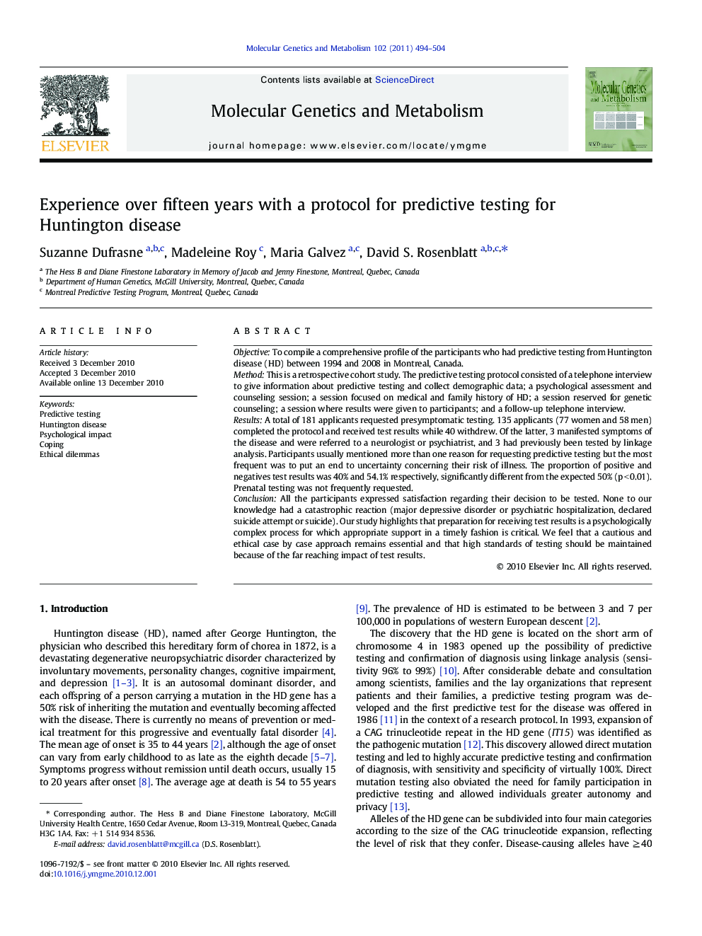 Experience over fifteen years with a protocol for predictive testing for Huntington disease