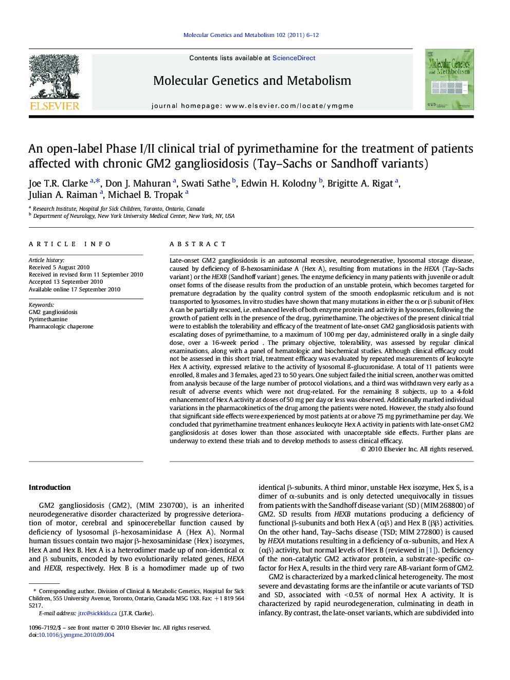 An open-label Phase I/II clinical trial of pyrimethamine for the treatment of patients affected with chronic GM2 gangliosidosis (Tay–Sachs or Sandhoff variants)