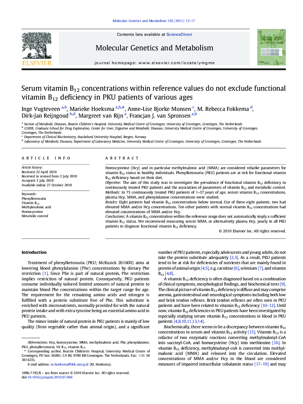 Serum vitamin B12 concentrations within reference values do not exclude functional vitamin B12 deficiency in PKU patients of various ages