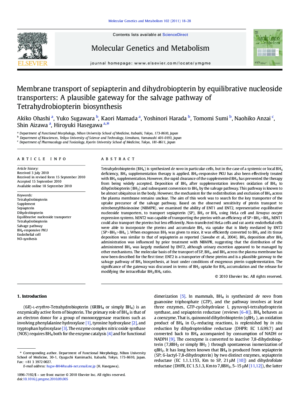 Membrane transport of sepiapterin and dihydrobiopterin by equilibrative nucleoside transporters: A plausible gateway for the salvage pathway of Tetrahydrobiopterin biosynthesis