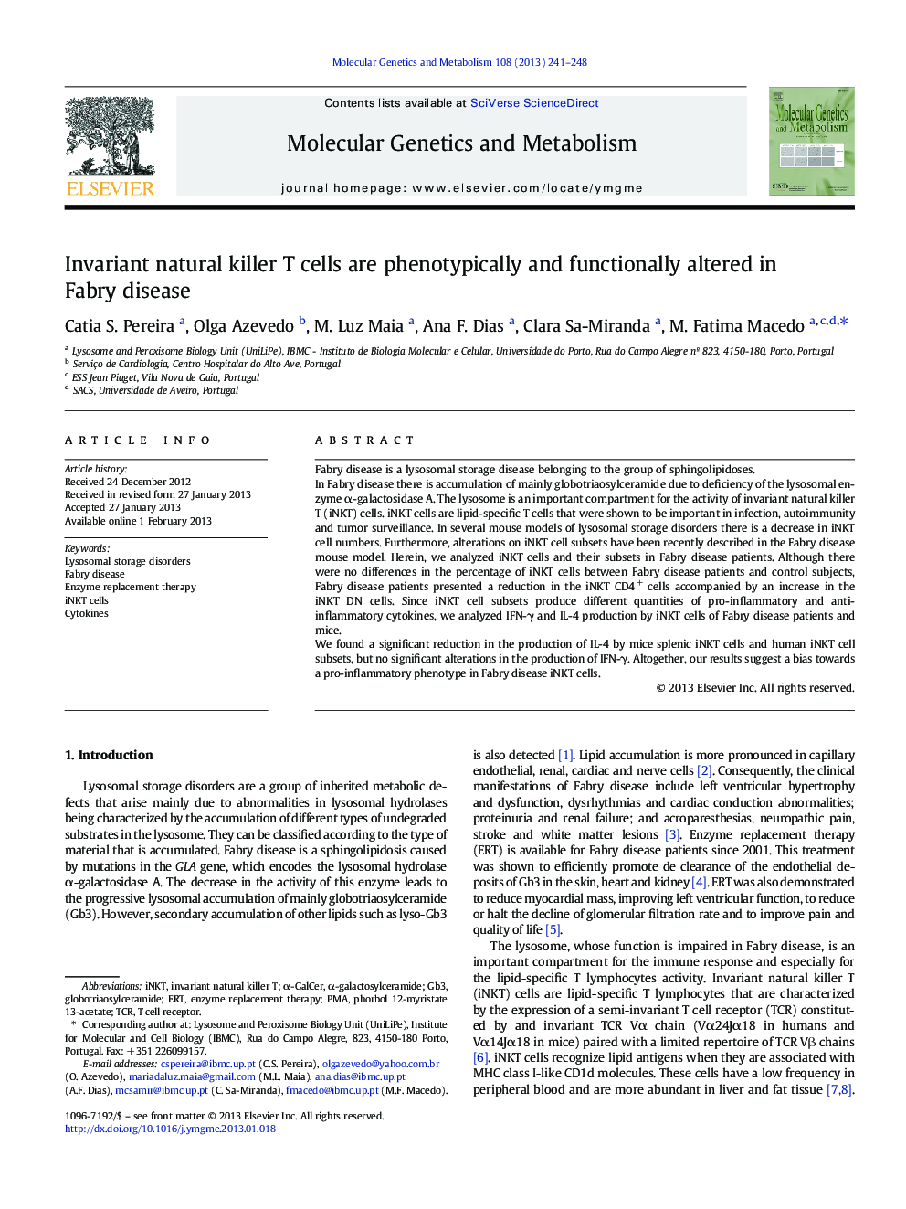 Invariant natural killer T cells are phenotypically and functionally altered in Fabry disease