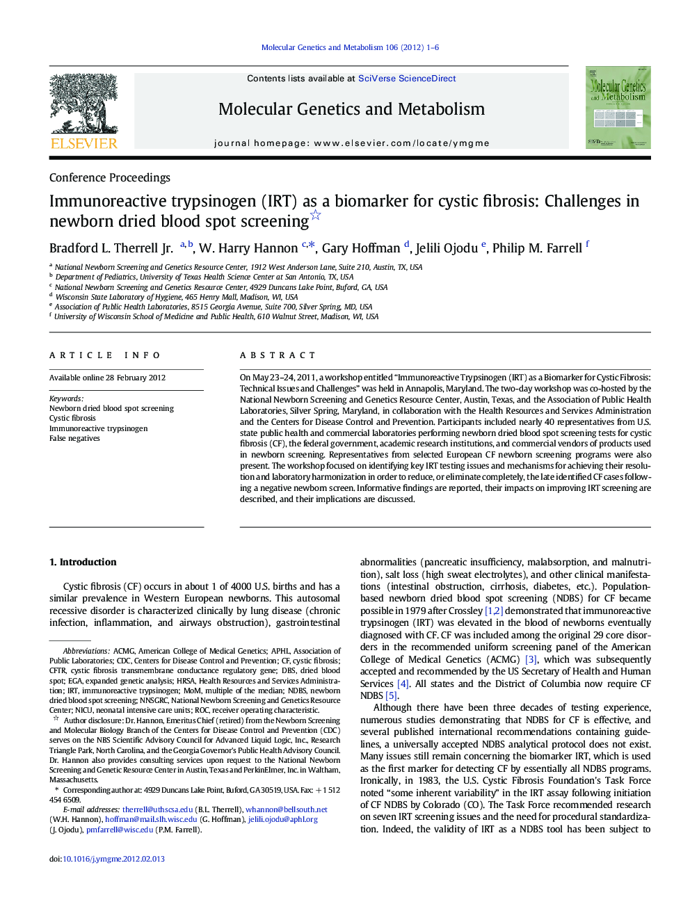 Immunoreactive trypsinogen (IRT) as a biomarker for cystic fibrosis: Challenges in newborn dried blood spot screening 