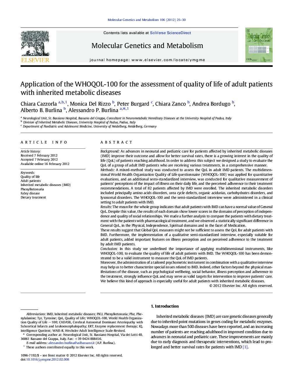 Application of the WHOQOL-100 for the assessment of quality of life of adult patients with inherited metabolic diseases