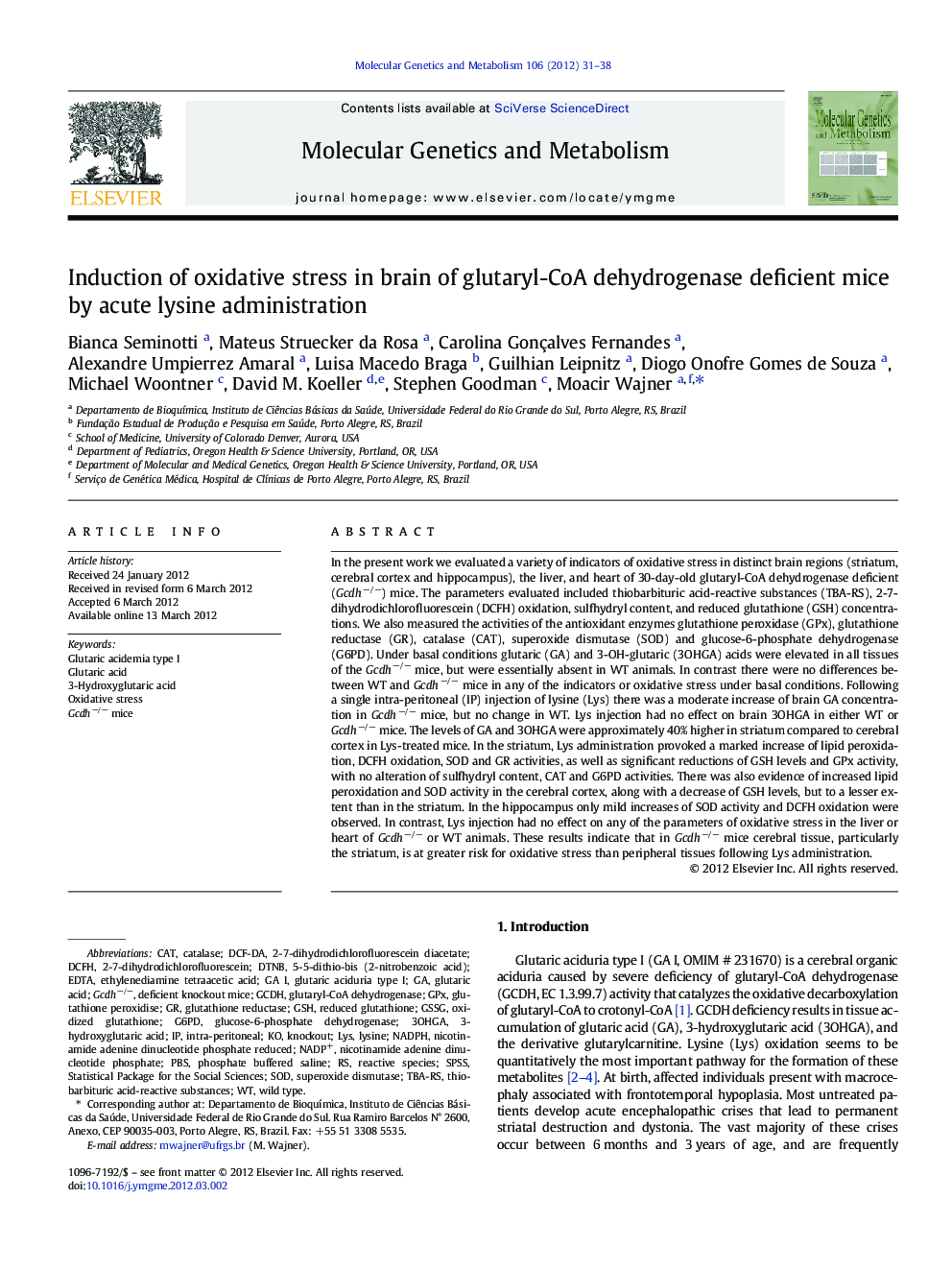 Induction of oxidative stress in brain of glutaryl-CoA dehydrogenase deficient mice by acute lysine administration