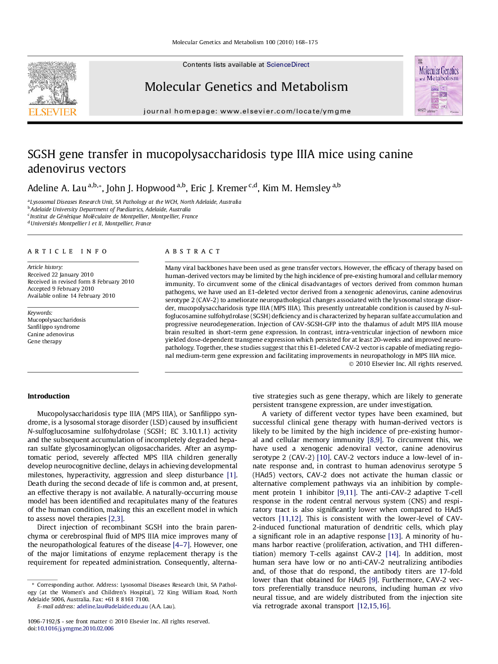 SGSH gene transfer in mucopolysaccharidosis type IIIA mice using canine adenovirus vectors