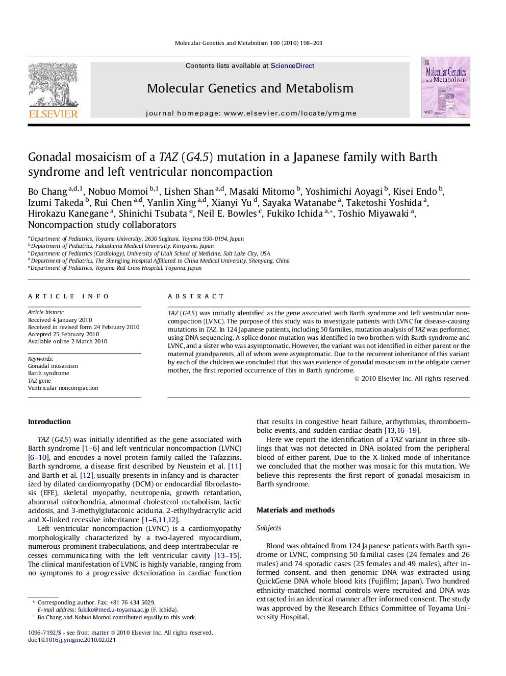 Gonadal mosaicism of a TAZ (G4.5) mutation in a Japanese family with Barth syndrome and left ventricular noncompaction