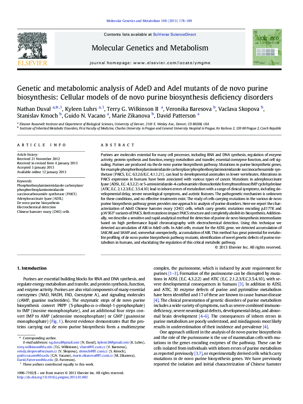 Genetic and metabolomic analysis of AdeD and AdeI mutants of de novo purine biosynthesis: Cellular models of de novo purine biosynthesis deficiency disorders